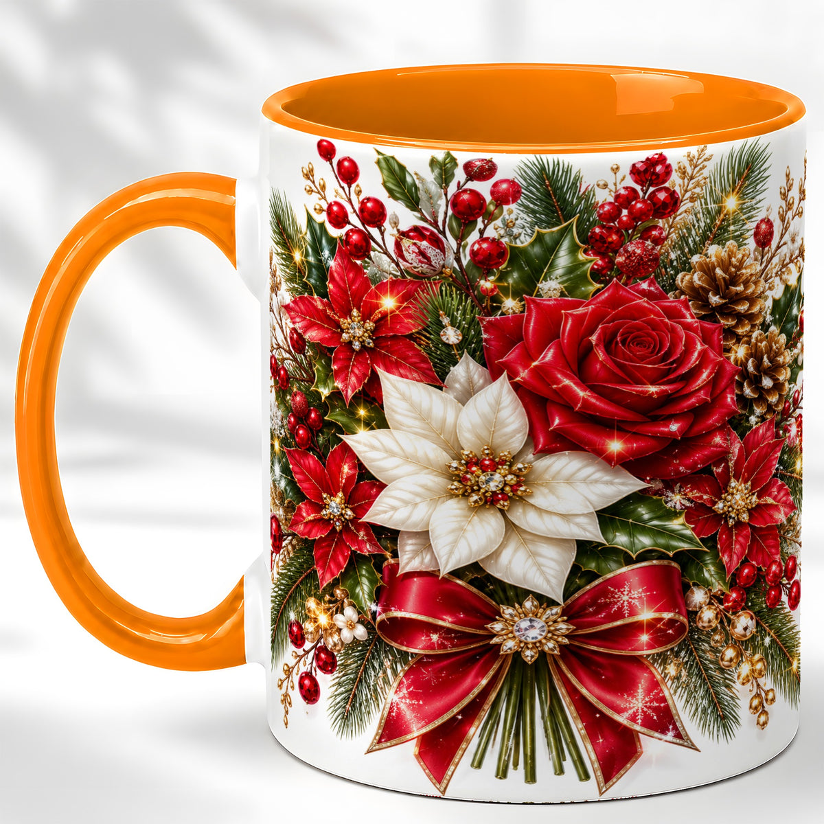 #pl[11oz|Orange] Christmas Rose Coffee Mug, Red Poinsettia Mug, Ceramic Cup