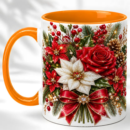 #pl[11oz|Orange] Christmas Rose Coffee Mug, Red Poinsettia Mug, Ceramic Cup