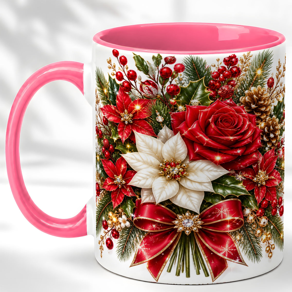 #pl[11oz|Pink] Christmas Rose Coffee Mug, Red Poinsettia Mug, Ceramic Cup