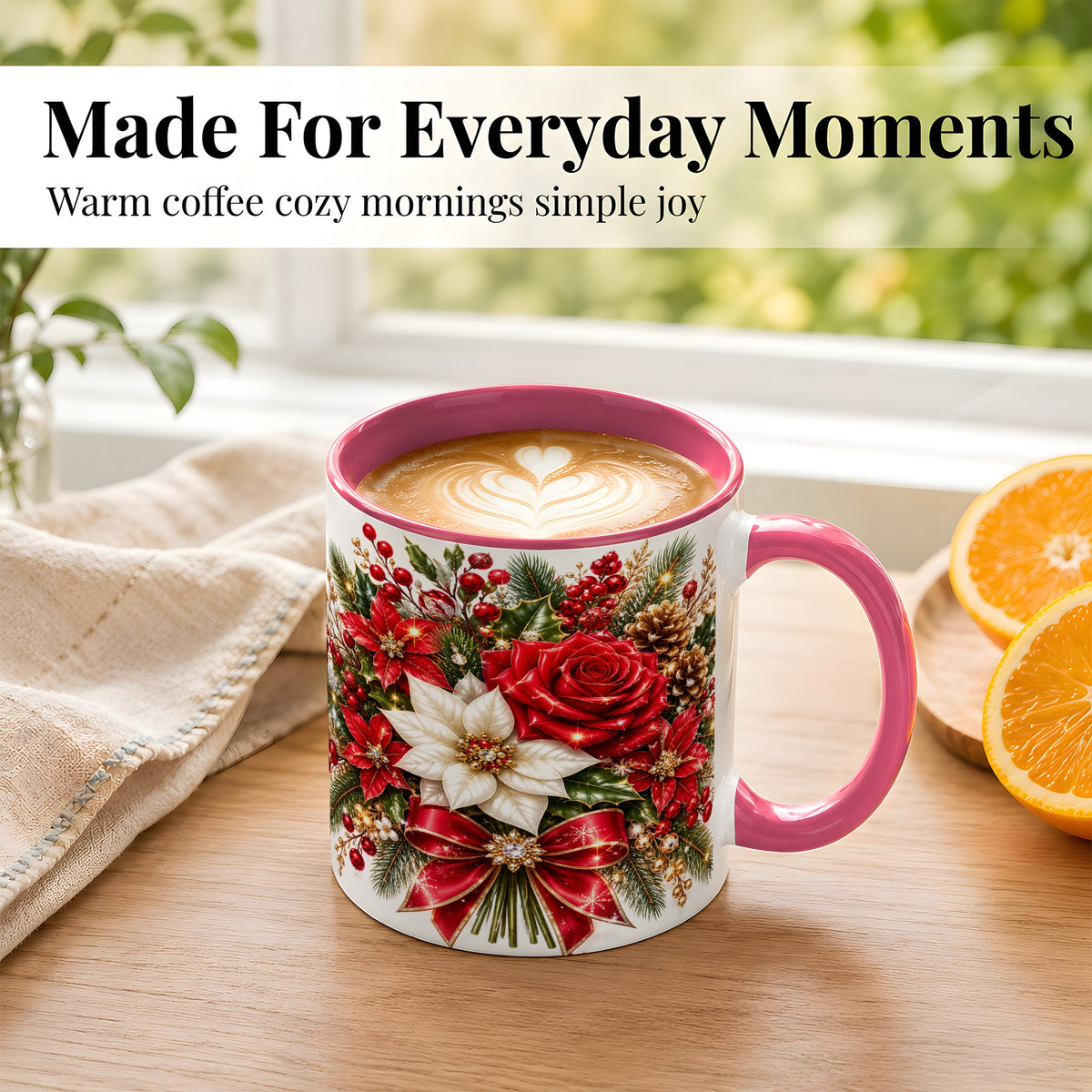 #pl[11oz|Pink] Christmas Rose Coffee Mug, Red Poinsettia Mug, Ceramic Cup