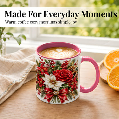 #pl[11oz|Pink] Christmas Rose Coffee Mug, Red Poinsettia Mug, Ceramic Cup