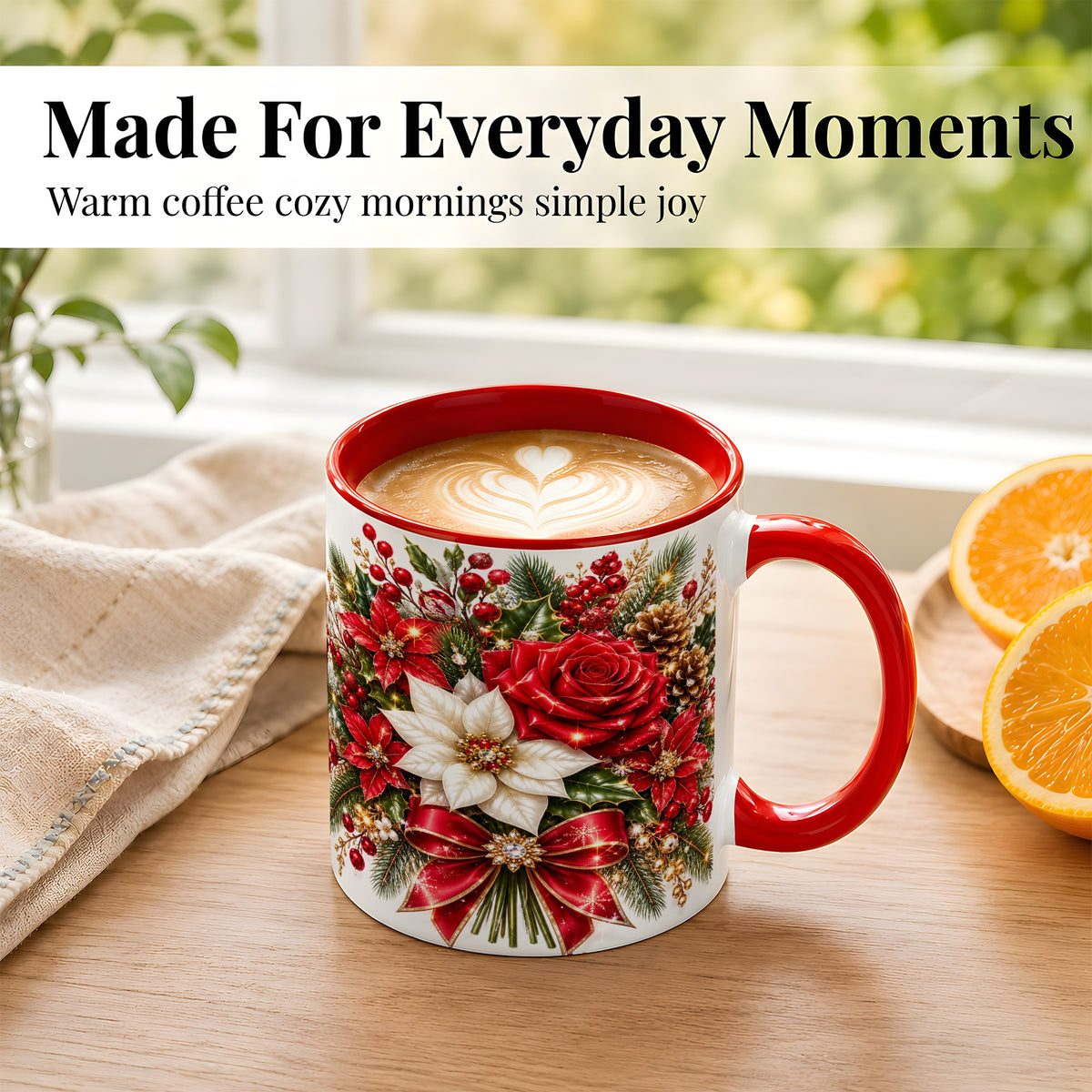 #pl[11oz|Red] Christmas Rose Coffee Mug, Red Poinsettia Mug, Ceramic Cup