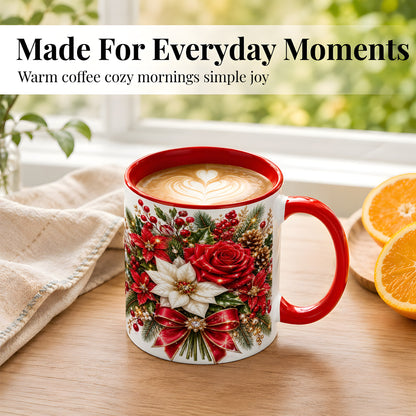 #pl[11oz|Red] Christmas Rose Coffee Mug, Red Poinsettia Mug, Ceramic Cup