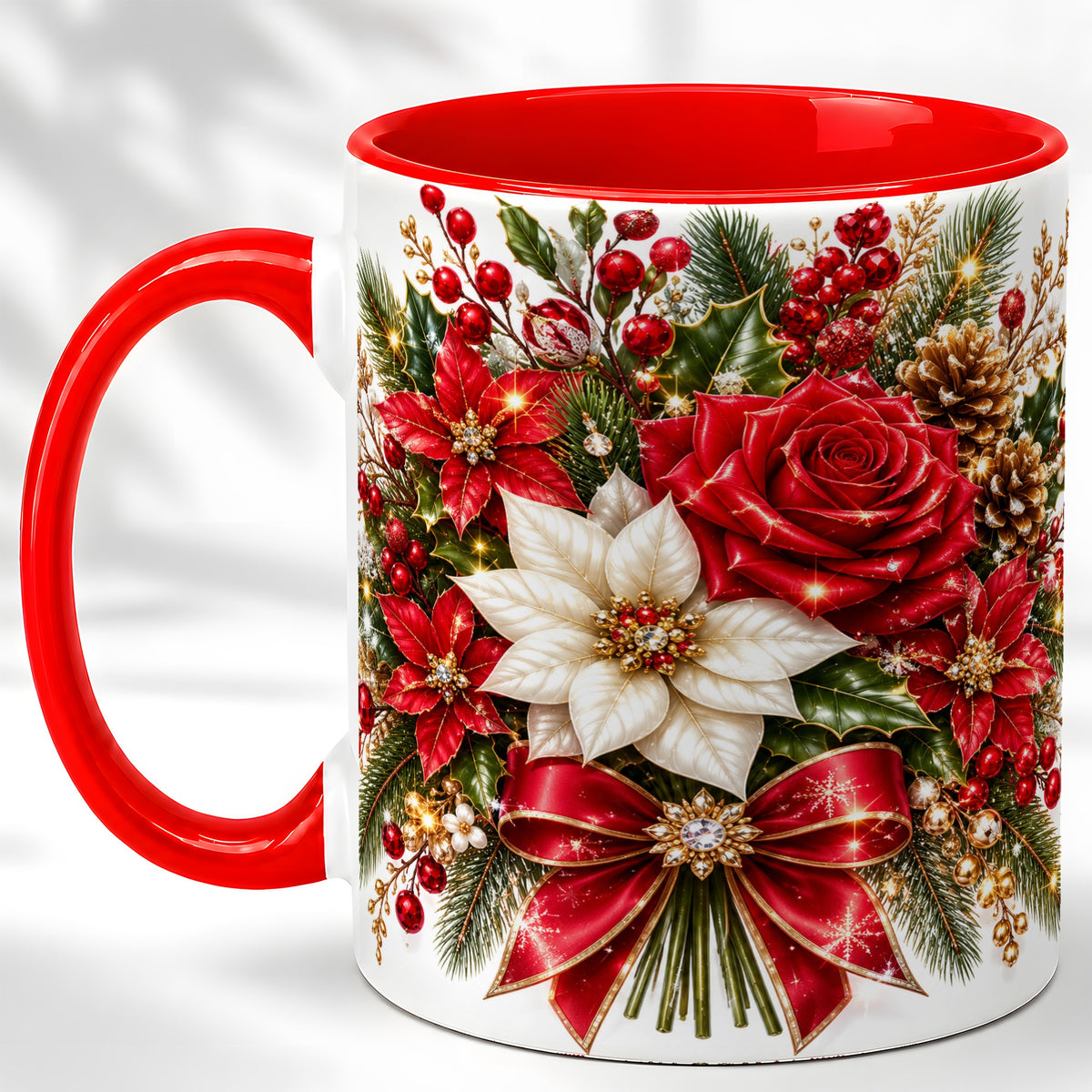 Christmas Rose Coffee Mug, Red Poinsettia Mug, Ceramic Cup