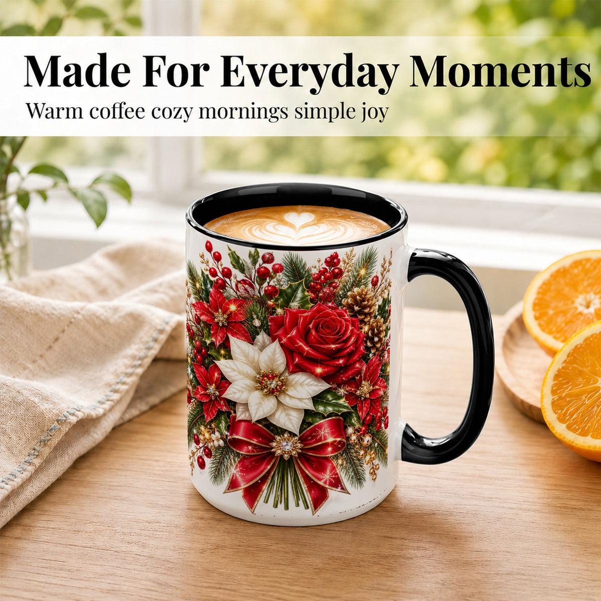 #pl[15oz|Black] Christmas Rose Coffee Mug, Red Poinsettia Mug, Ceramic Cup