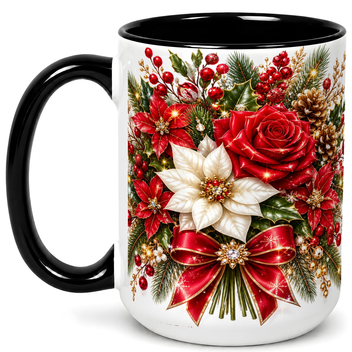 #pl[15oz|Black] Christmas Rose Coffee Mug, Red Poinsettia Mug, Ceramic Cup