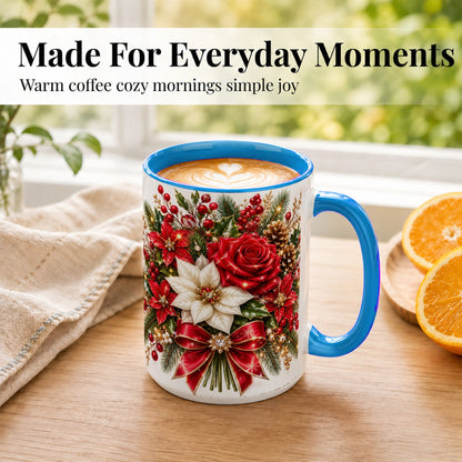 #pl[15oz|Blue] Christmas Rose Coffee Mug, Red Poinsettia Mug, Ceramic Cup