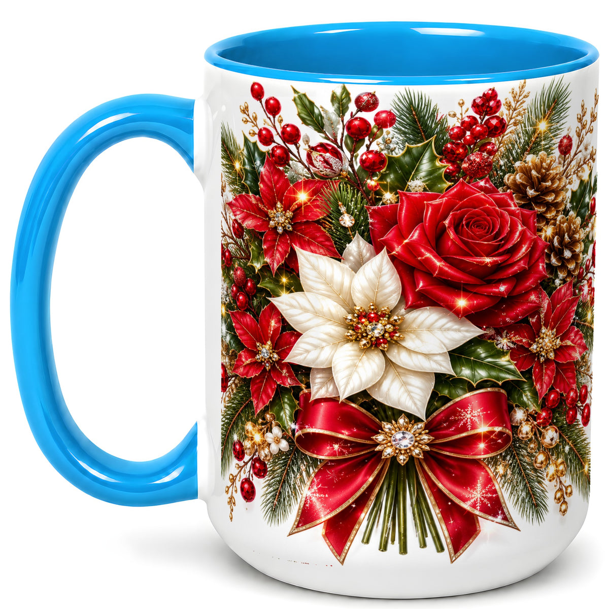 #pl[15oz|Blue] Christmas Rose Coffee Mug, Red Poinsettia Mug, Ceramic Cup