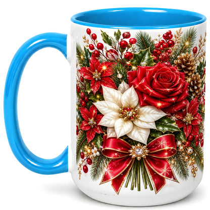 #pl[15oz|Blue] Christmas Rose Coffee Mug, Red Poinsettia Mug, Ceramic Cup