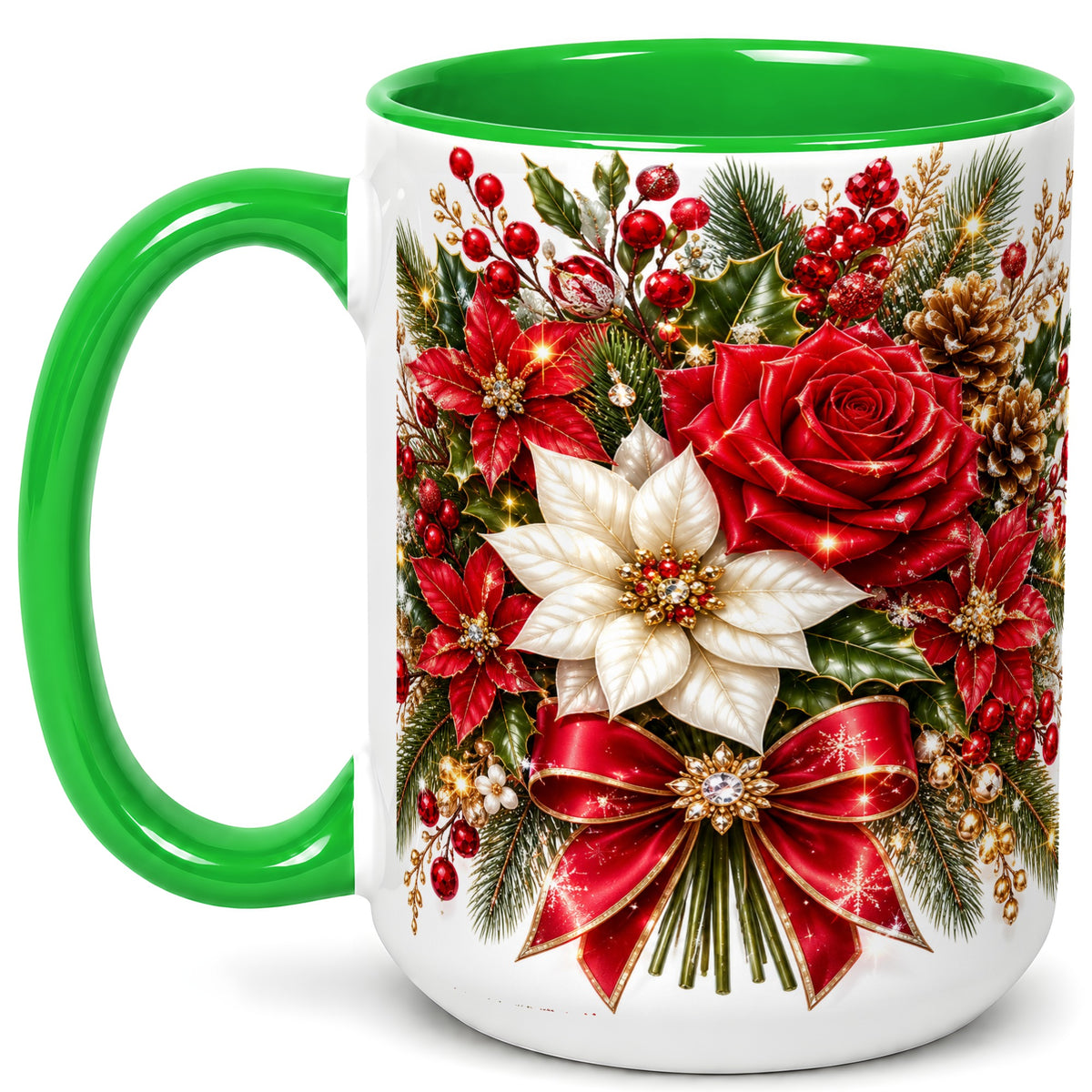 #pl[15oz|Green] Christmas Rose Coffee Mug, Red Poinsettia Mug, Ceramic Cup