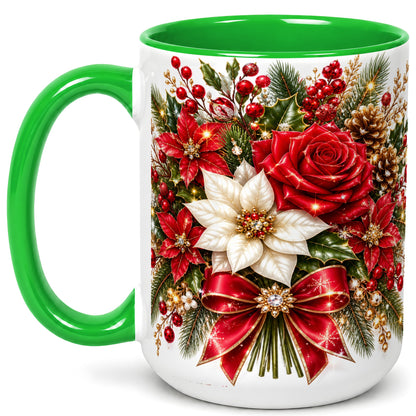 #pl[15oz|Green] Christmas Rose Coffee Mug, Red Poinsettia Mug, Ceramic Cup