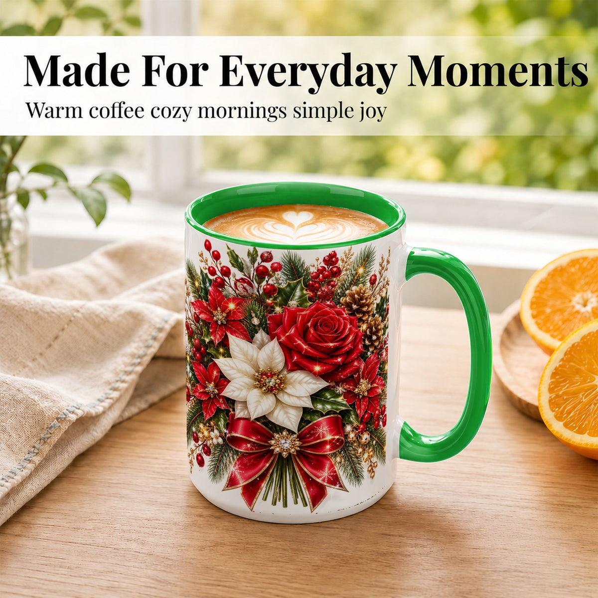 #pl[15oz|Green] Christmas Rose Coffee Mug, Red Poinsettia Mug, Ceramic Cup