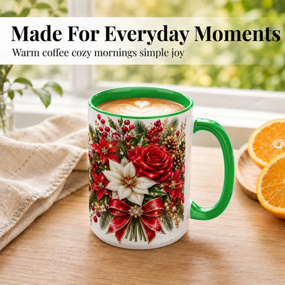 #pl[15oz|Green] Christmas Rose Coffee Mug, Red Poinsettia Mug, Ceramic Cup