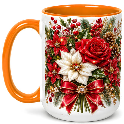#pl[15oz|Orange] Christmas Rose Coffee Mug, Red Poinsettia Mug, Ceramic Cup