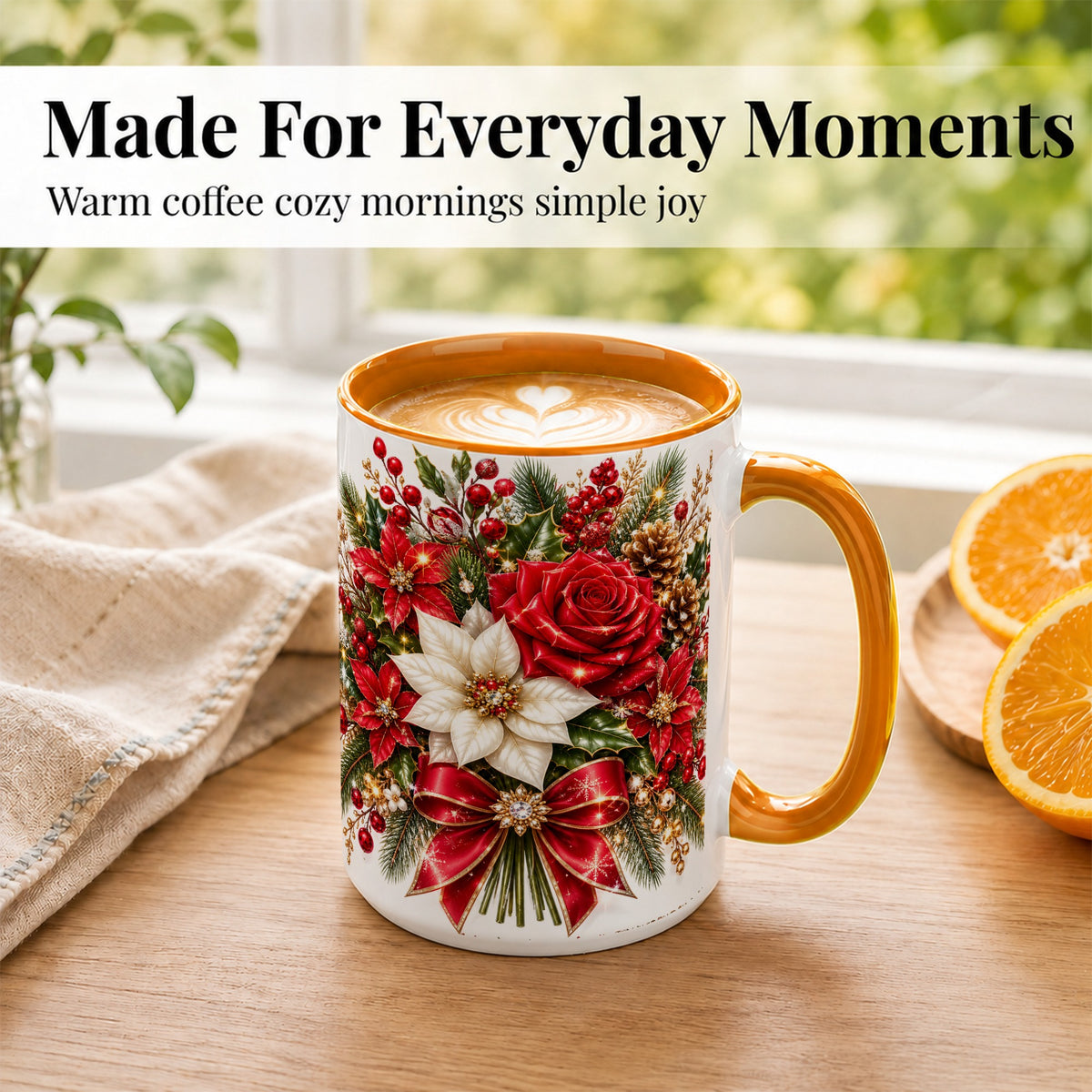 #pl[15oz|Orange] Christmas Rose Coffee Mug, Red Poinsettia Mug, Ceramic Cup