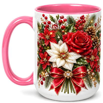 #pl[15oz|Pink] Christmas Rose Coffee Mug, Red Poinsettia Mug, Ceramic Cup