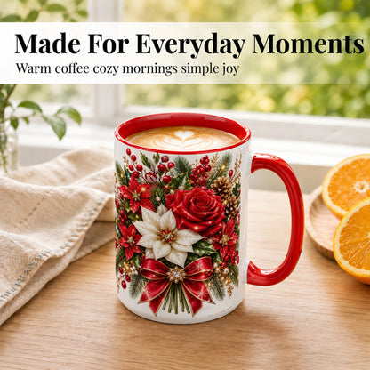 #pl[15oz|Red] Christmas Rose Coffee Mug, Red Poinsettia Mug, Ceramic Cup