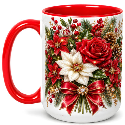 #pl[15oz|Red] Christmas Rose Coffee Mug, Red Poinsettia Mug, Ceramic Cup