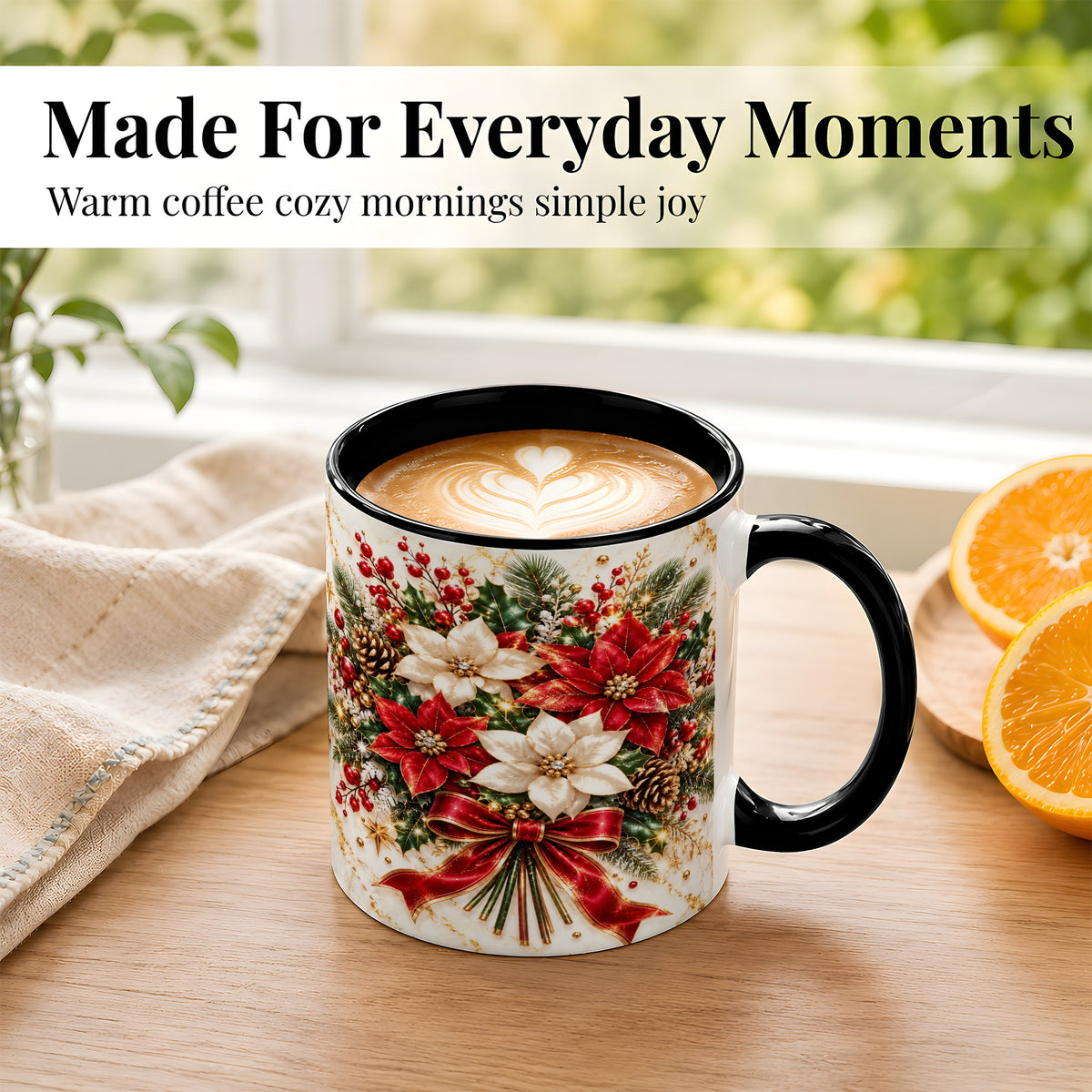 #pl[11oz|Black] Red White Poinsettia Coffee Mug, Christmas Floral Mug, Ceramic Cup
