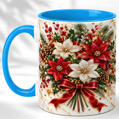 #pl[11oz|Blue] Red White Poinsettia Coffee Mug, Christmas Floral Mug, Ceramic Cup