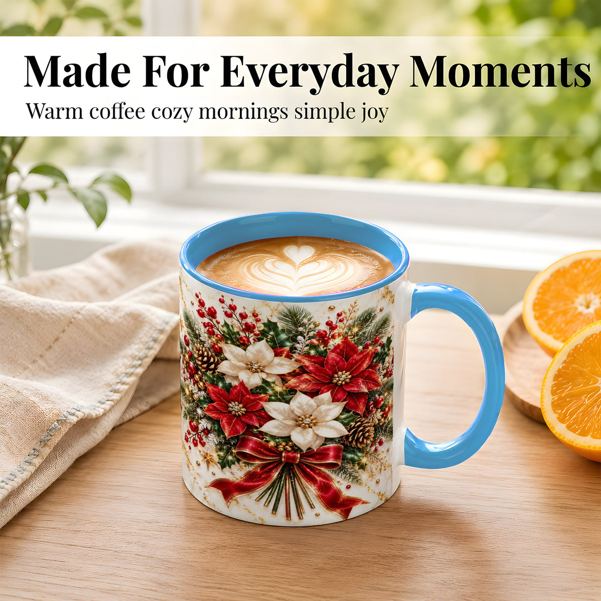 #pl[11oz|Blue] Red White Poinsettia Coffee Mug, Christmas Floral Mug, Ceramic Cup