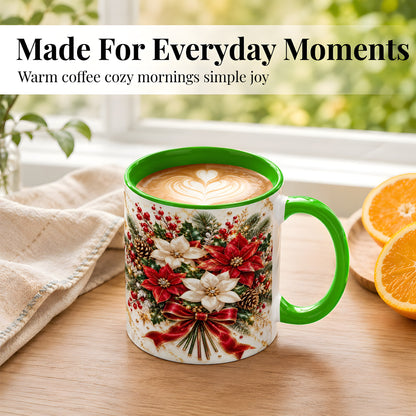 #pl[11oz|Green] Red White Poinsettia Coffee Mug, Christmas Floral Mug, Ceramic Cup