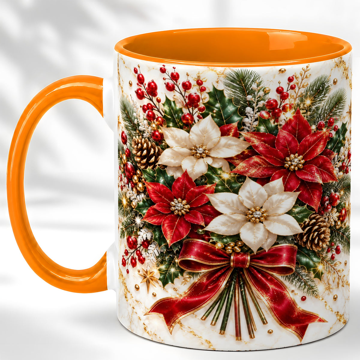 #pl[11oz|Orange] Red White Poinsettia Coffee Mug, Christmas Floral Mug, Ceramic Cup