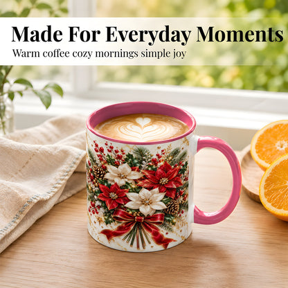 #pl[11oz|Pink] Red White Poinsettia Coffee Mug, Christmas Floral Mug, Ceramic Cup