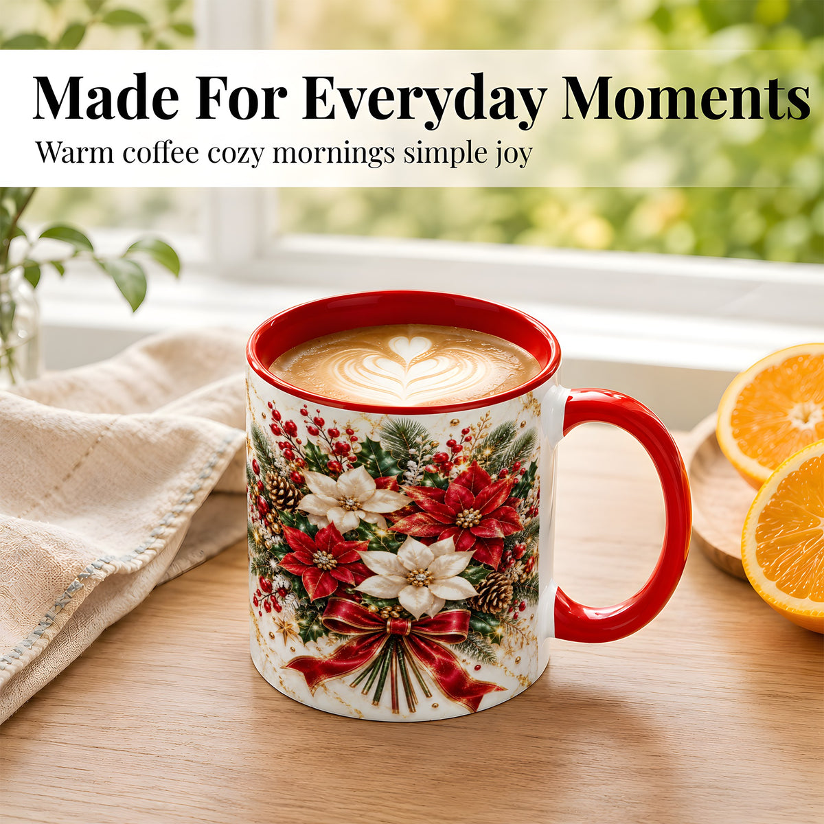 #pl[11oz|Red] Red White Poinsettia Coffee Mug, Christmas Floral Mug, Ceramic Cup