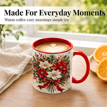 #pl[11oz|Red] Red White Poinsettia Coffee Mug, Christmas Floral Mug, Ceramic Cup
