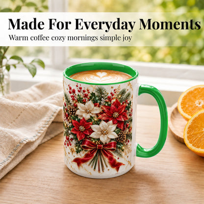 #pl[15oz|Green] Red White Poinsettia Coffee Mug, Christmas Floral Mug, Ceramic Cup