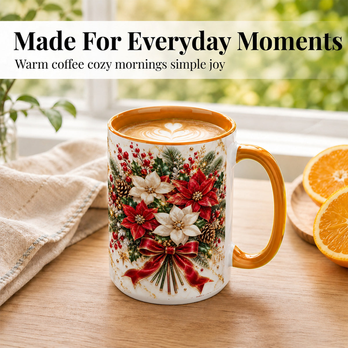 #pl[15oz|Orange] Red White Poinsettia Coffee Mug, Christmas Floral Mug, Ceramic Cup