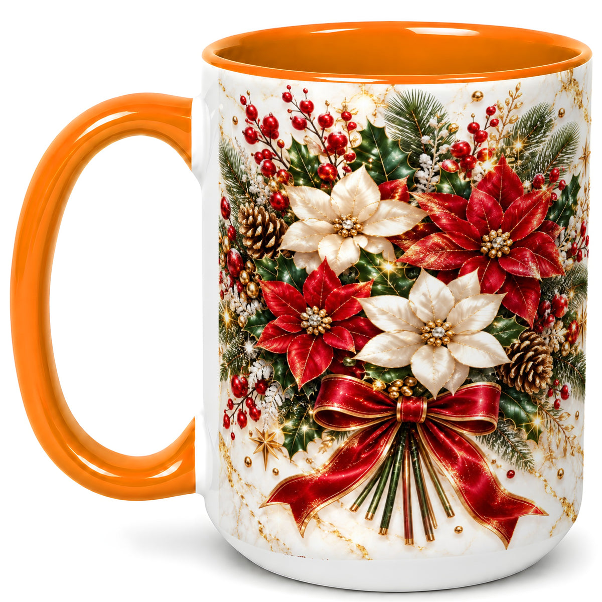 #pl[15oz|Orange] Red White Poinsettia Coffee Mug, Christmas Floral Mug, Ceramic Cup