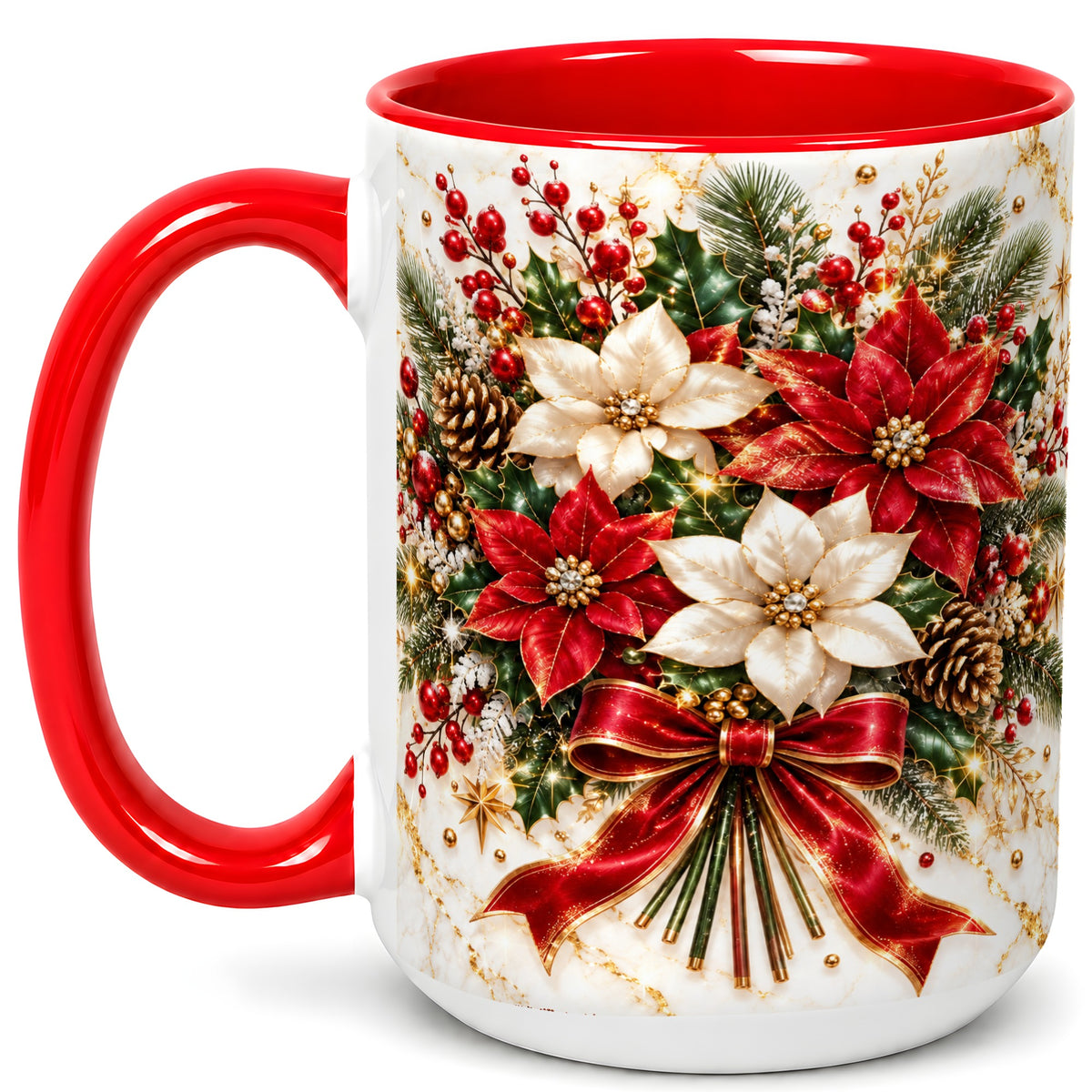 #pl[15oz|Red] Red White Poinsettia Coffee Mug, Christmas Floral Mug, Ceramic Cup