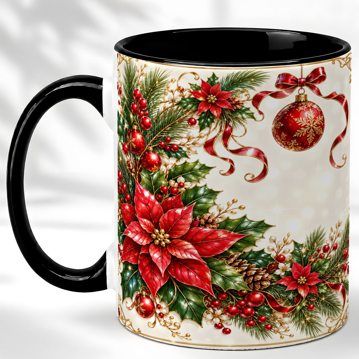 #pl[11oz|Black] Vintage Christmas Coffee Mug, Poinsettia Floral Mug, Ceramic Cup