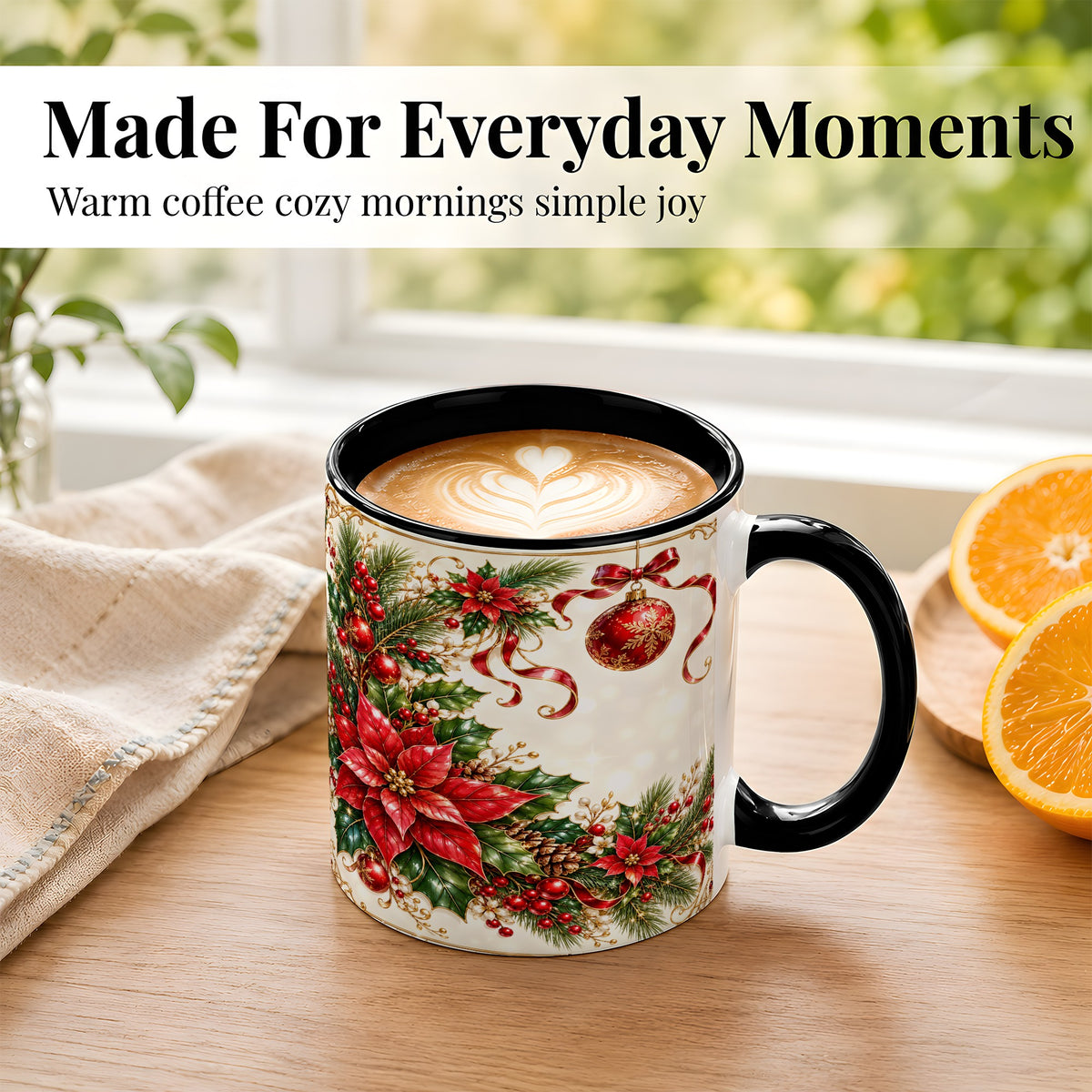 #pl[11oz|Black] Vintage Christmas Coffee Mug, Poinsettia Floral Mug, Ceramic Cup
