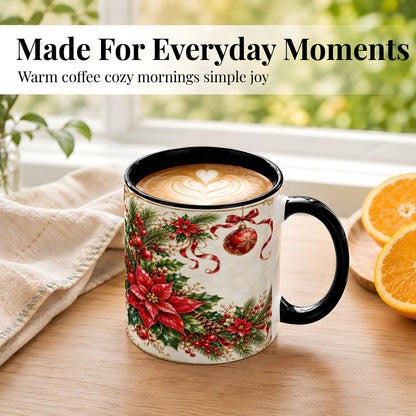 #pl[11oz|Black] Vintage Christmas Coffee Mug, Poinsettia Floral Mug, Ceramic Cup
