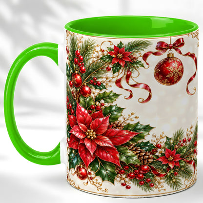 #pl[11oz|Green] Vintage Christmas Coffee Mug, Poinsettia Floral Mug, Ceramic Cup
