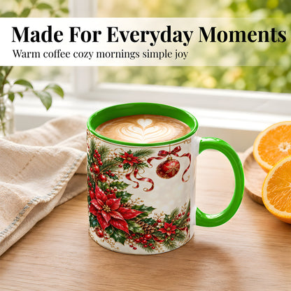 #pl[11oz|Green] Vintage Christmas Coffee Mug, Poinsettia Floral Mug, Ceramic Cup