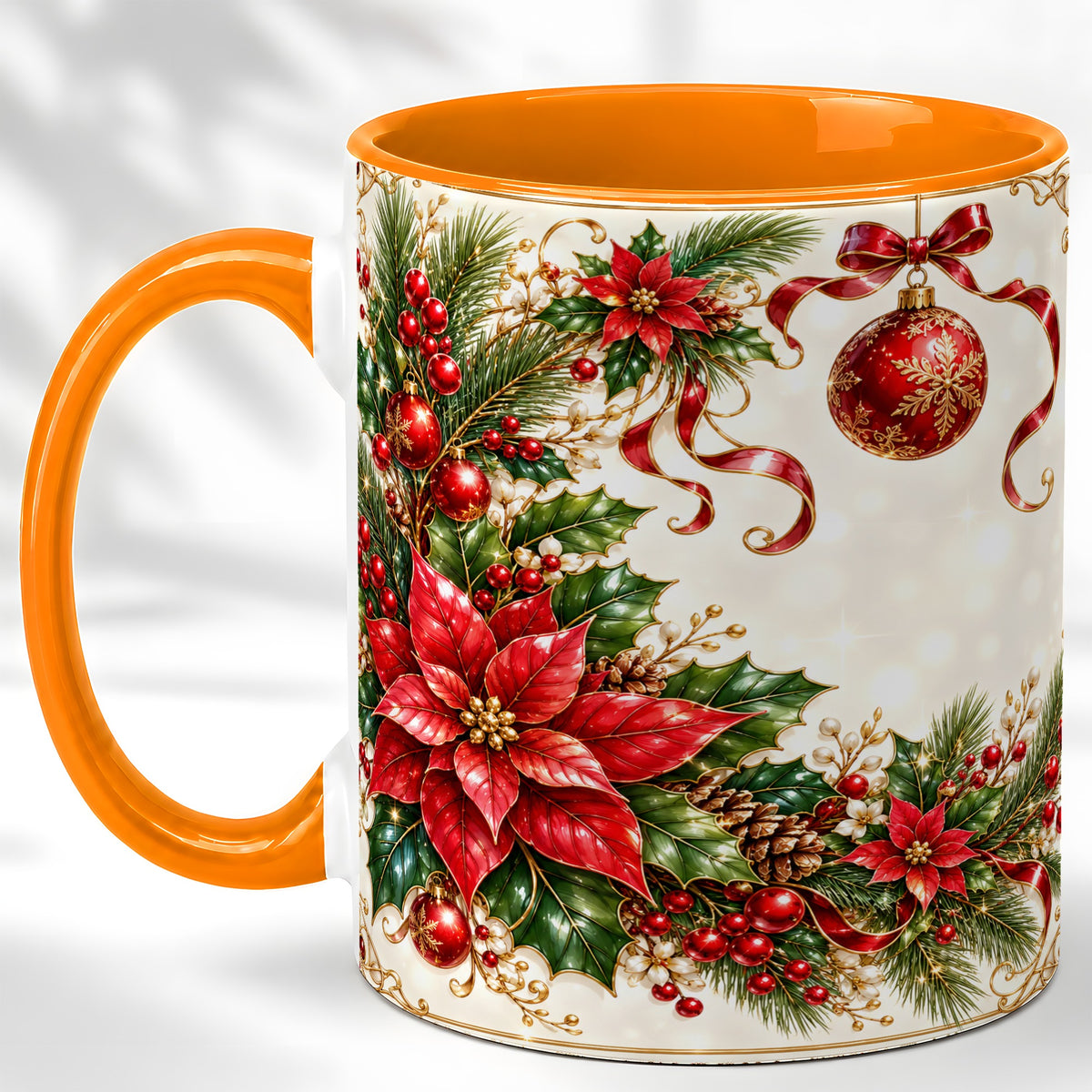 #pl[11oz|Orange] Vintage Christmas Coffee Mug, Poinsettia Floral Mug, Ceramic Cup