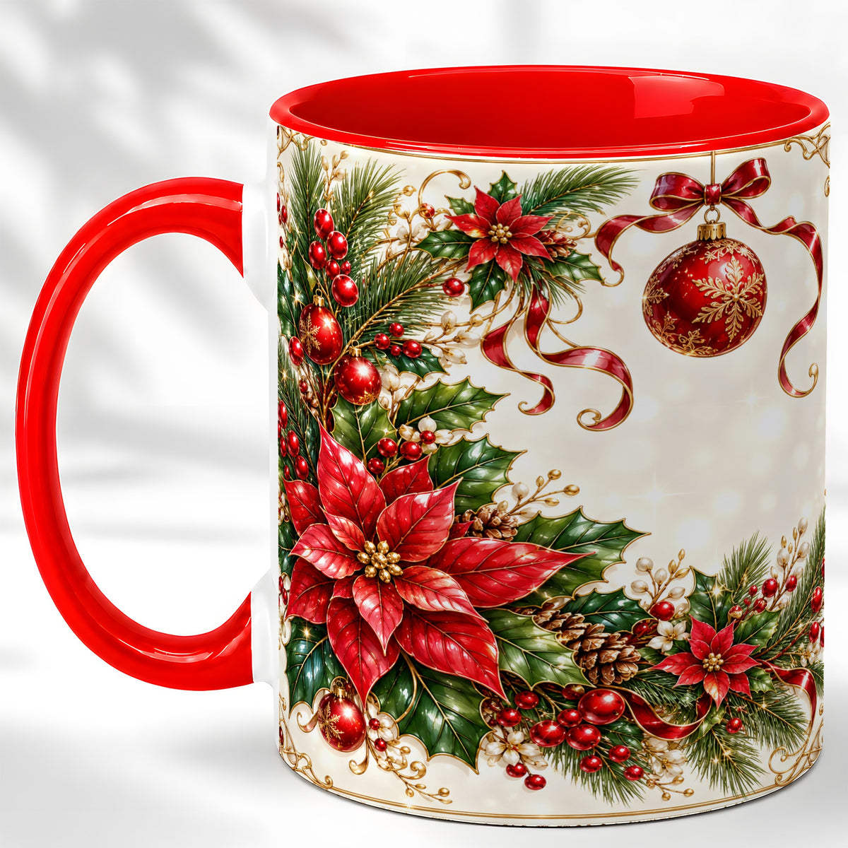 Vintage Christmas Coffee Mug, Poinsettia Floral Mug, Ceramic Cup