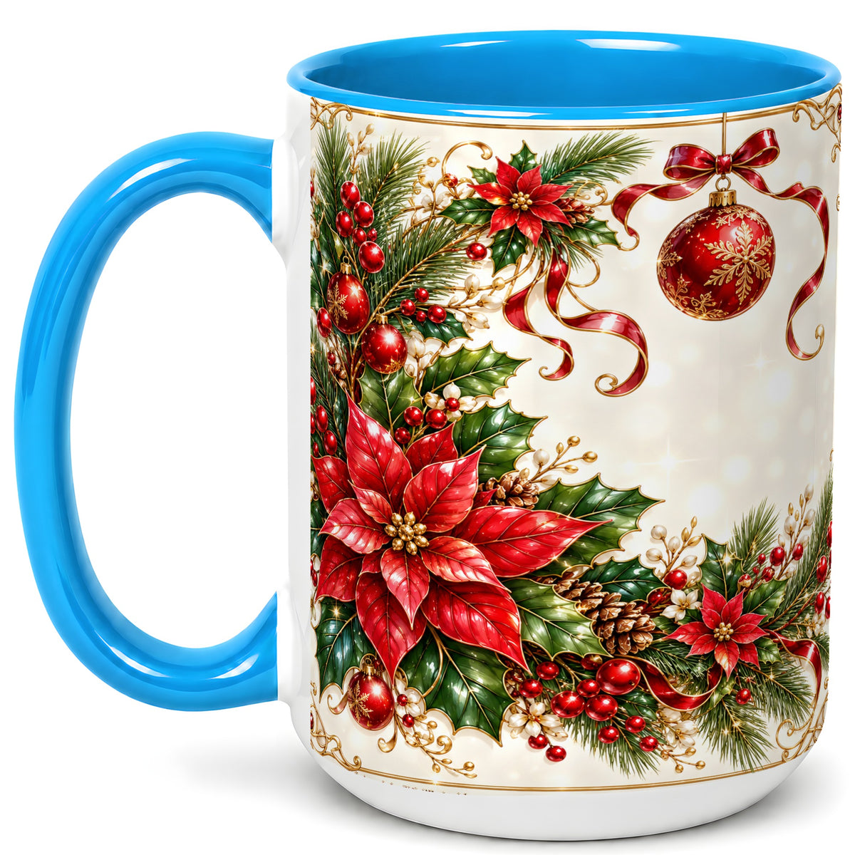 #pl[15oz|Blue] Vintage Christmas Coffee Mug, Poinsettia Floral Mug, Ceramic Cup