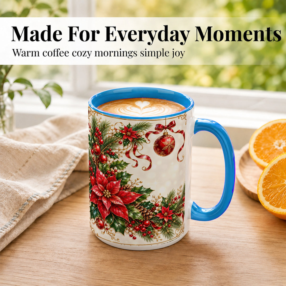#pl[15oz|Blue] Vintage Christmas Coffee Mug, Poinsettia Floral Mug, Ceramic Cup