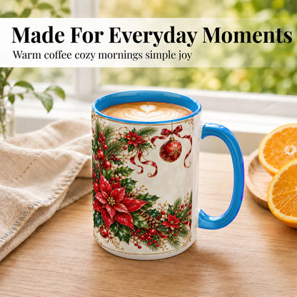 #pl[15oz|Blue] Vintage Christmas Coffee Mug, Poinsettia Floral Mug, Ceramic Cup