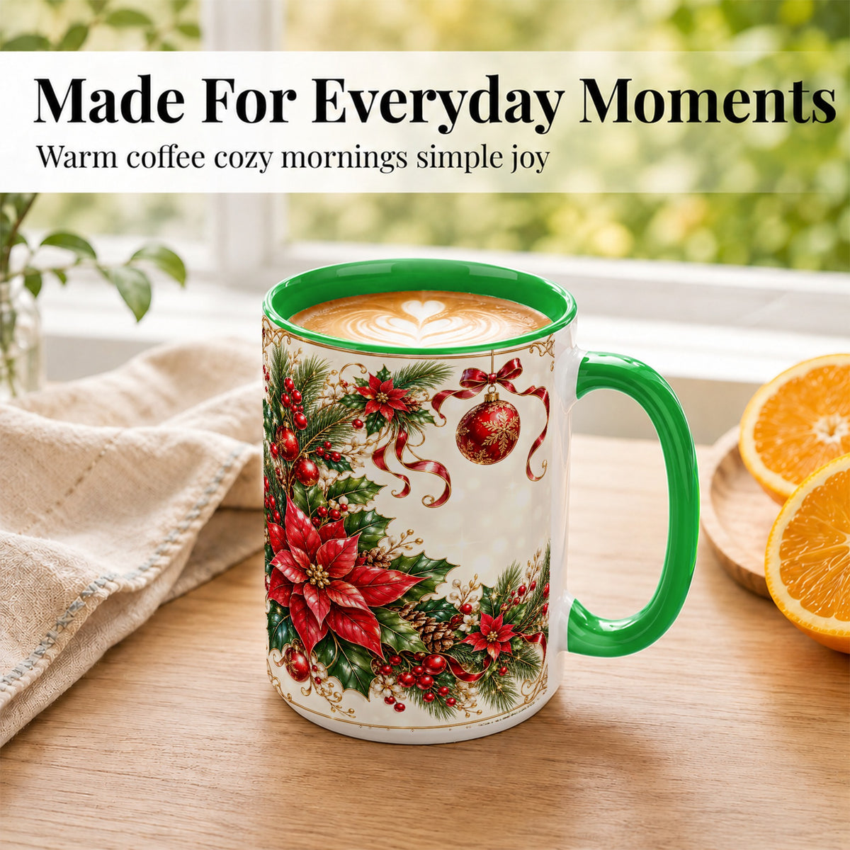 #pl[15oz|Green] Vintage Christmas Coffee Mug, Poinsettia Floral Mug, Ceramic Cup