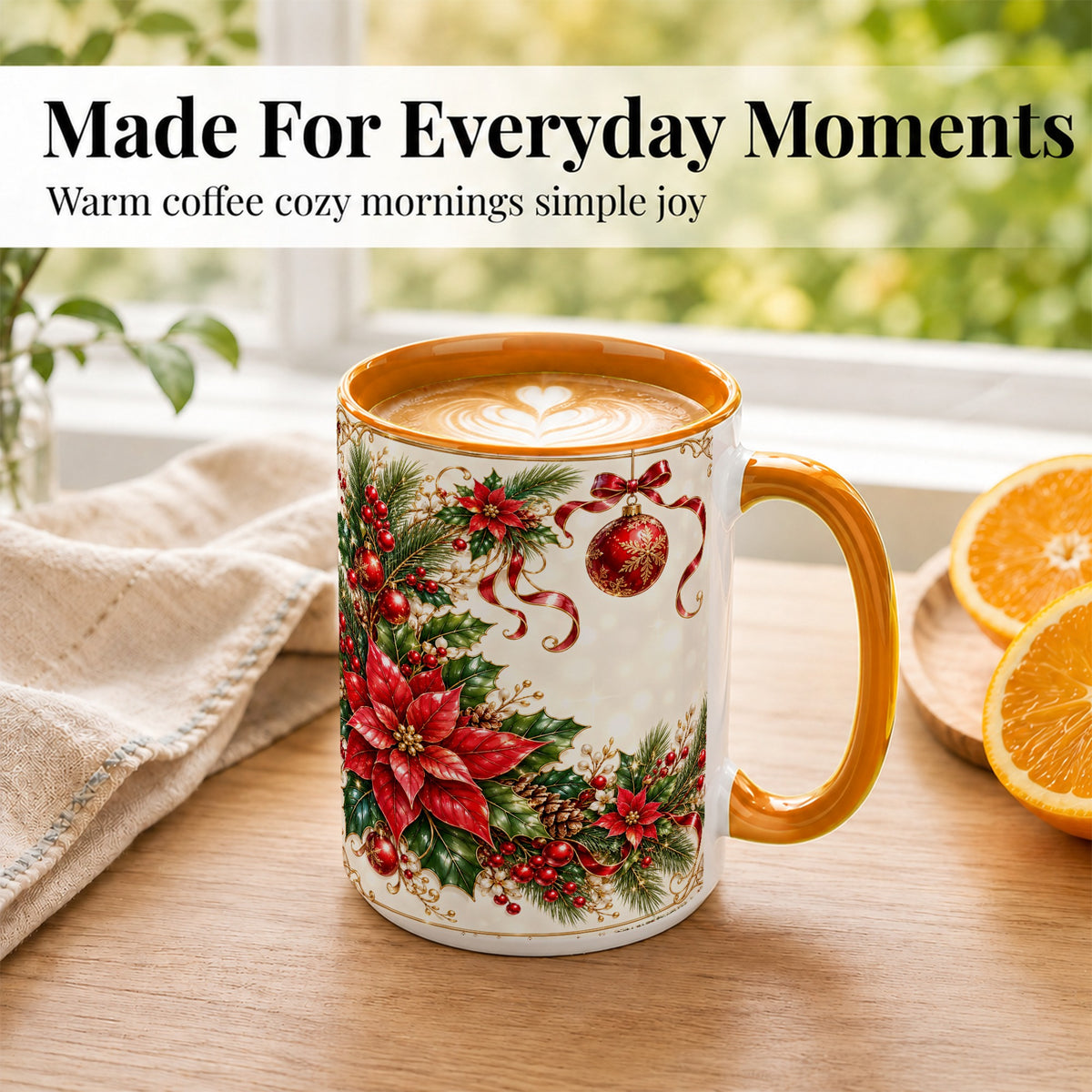#pl[15oz|Orange] Vintage Christmas Coffee Mug, Poinsettia Floral Mug, Ceramic Cup