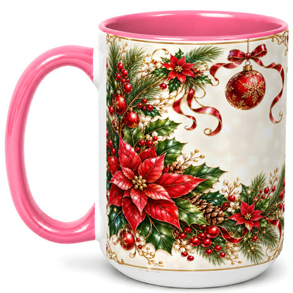 #pl[15oz|Pink] Vintage Christmas Coffee Mug, Poinsettia Floral Mug, Ceramic Cup