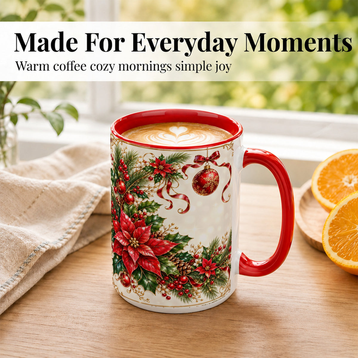 #pl[15oz|Red] Vintage Christmas Coffee Mug, Poinsettia Floral Mug, Ceramic Cup