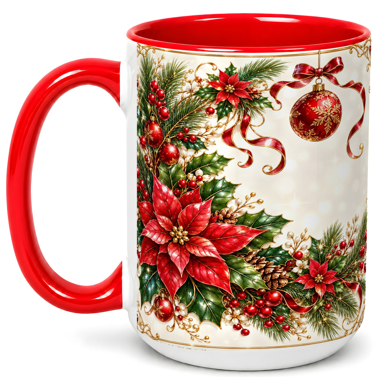 #pl[15oz|Red] Vintage Christmas Coffee Mug, Poinsettia Floral Mug, Ceramic Cup