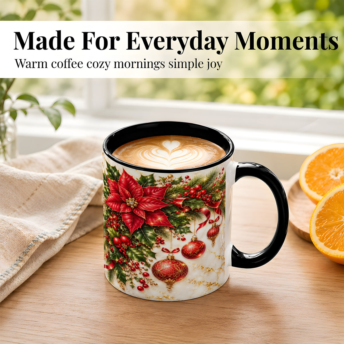 #pl[11oz|Black] Christmas Ornaments Coffee Mug, Red Poinsettia Mug, Ceramic Cup